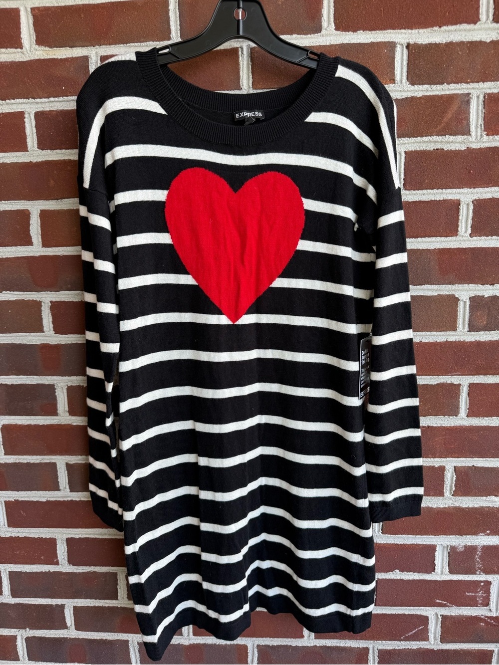 Express Black and White Striped Sweater Dress with Red Heart Motif